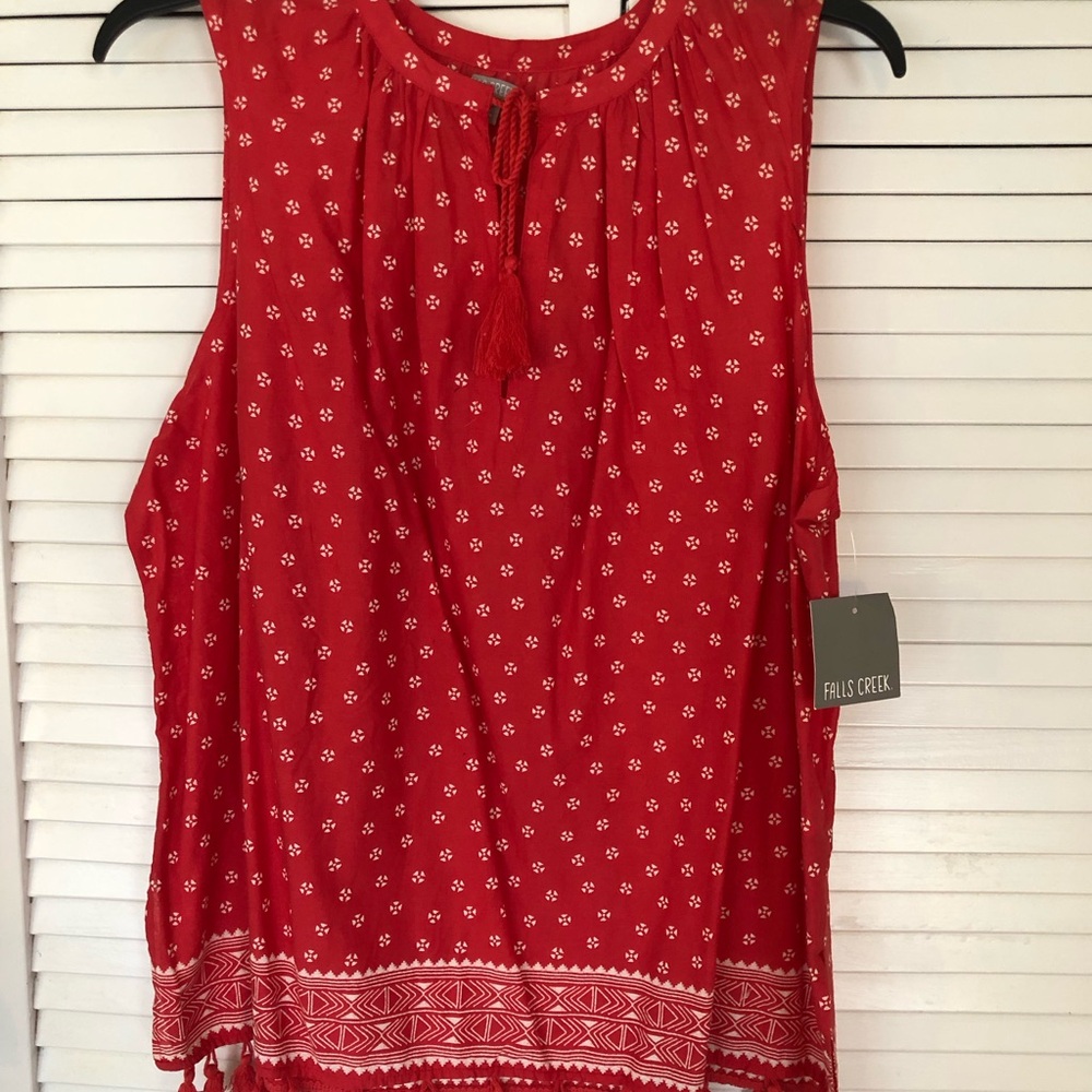Falls Creek Red Patterned Sleeveless Blouse. Fun tassels on the bottom.